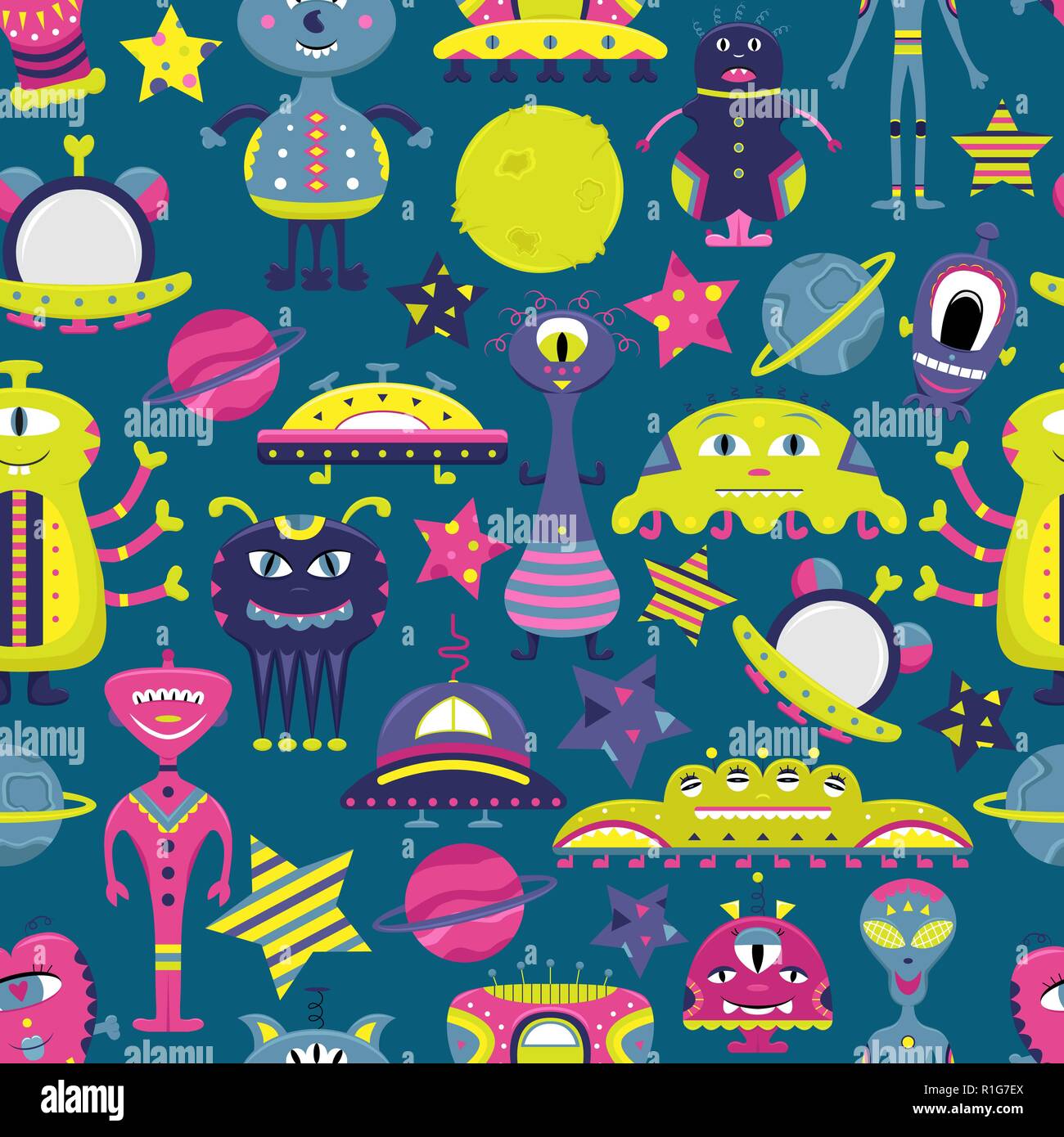 The vector cartoon seamless pattern with flat aliens, spaceships ...
