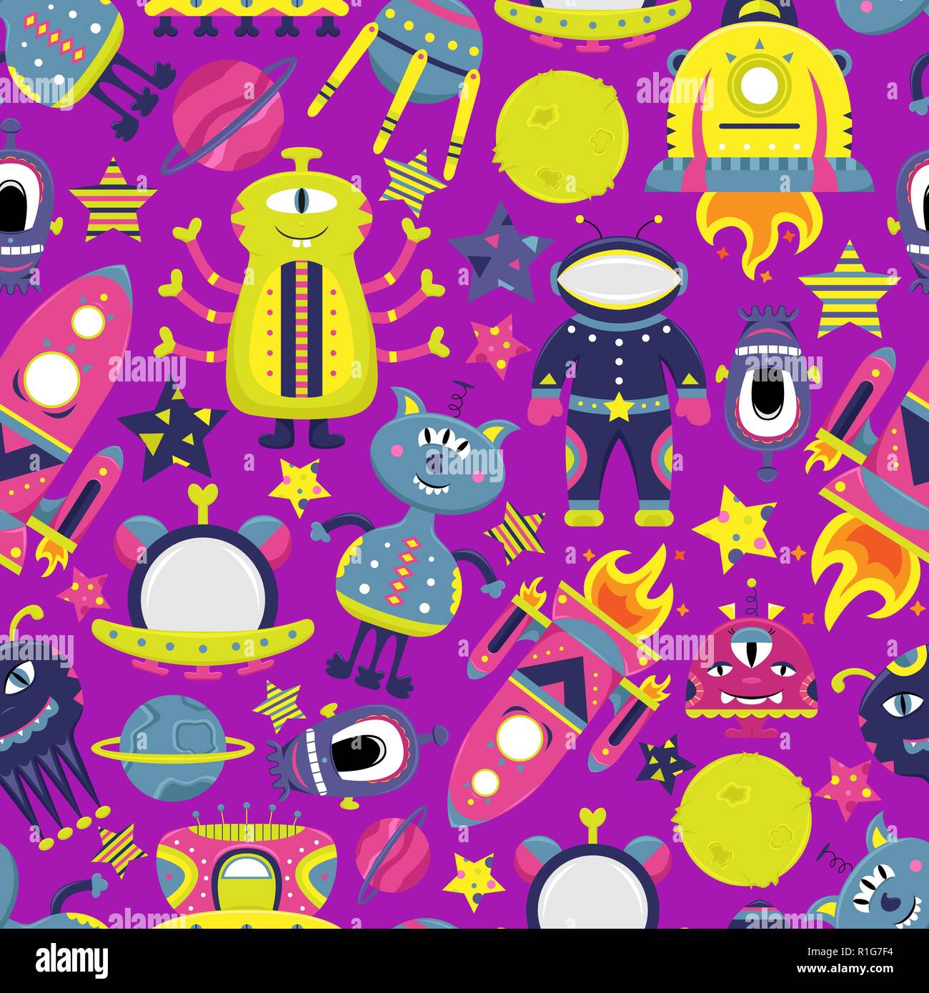 The vector cartoon seamless pattern with flat aliens, spaceships, planets, satellites and cosmonaut. Funny characters. Stock Vector