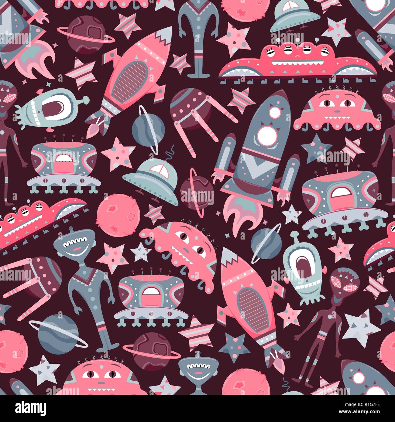 The vector cartoon seamless pattern with flat aliens, spaceships ...