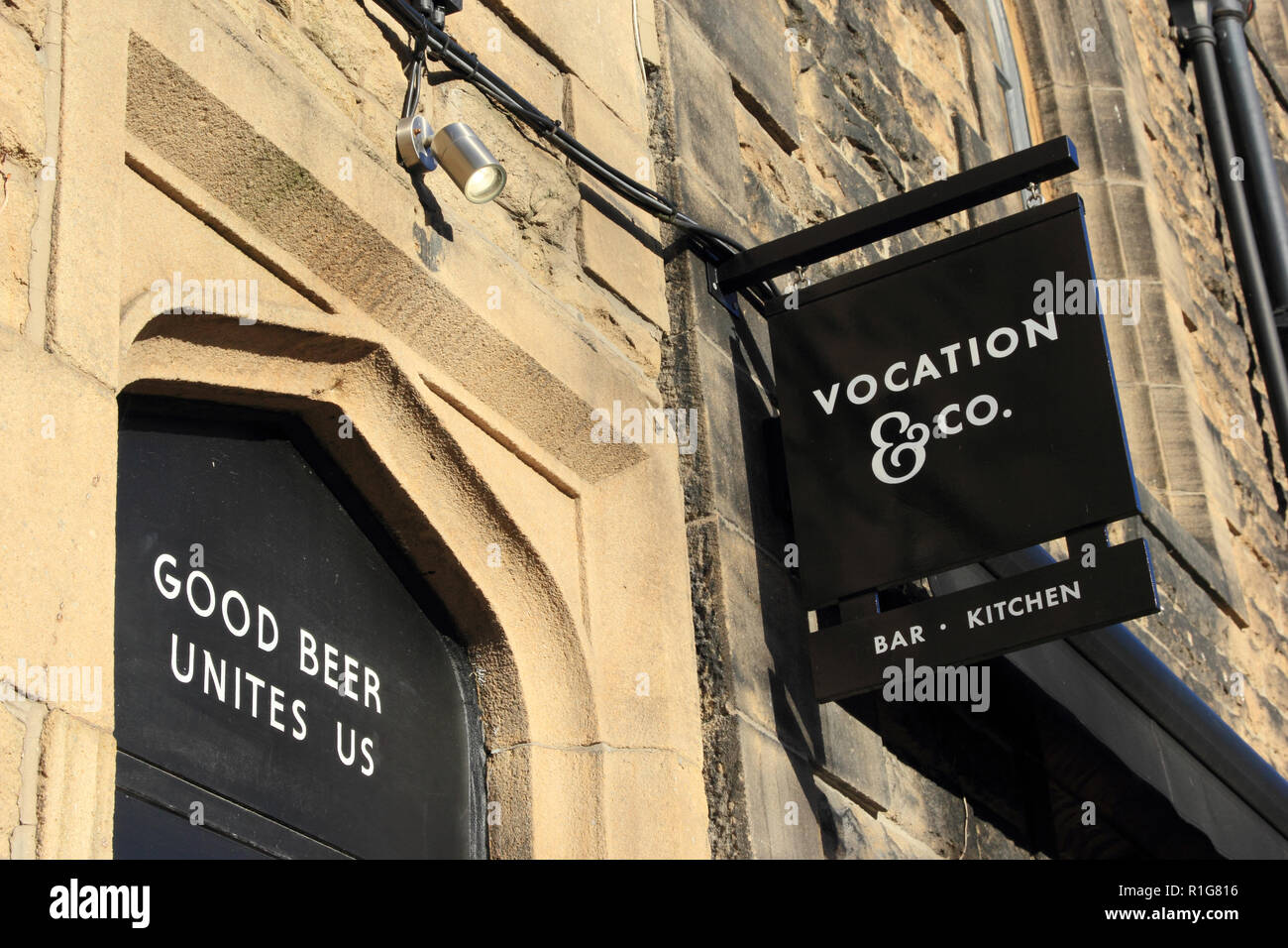 Vocation & Co sign outside bar, Hebden Bridge Stock Photo