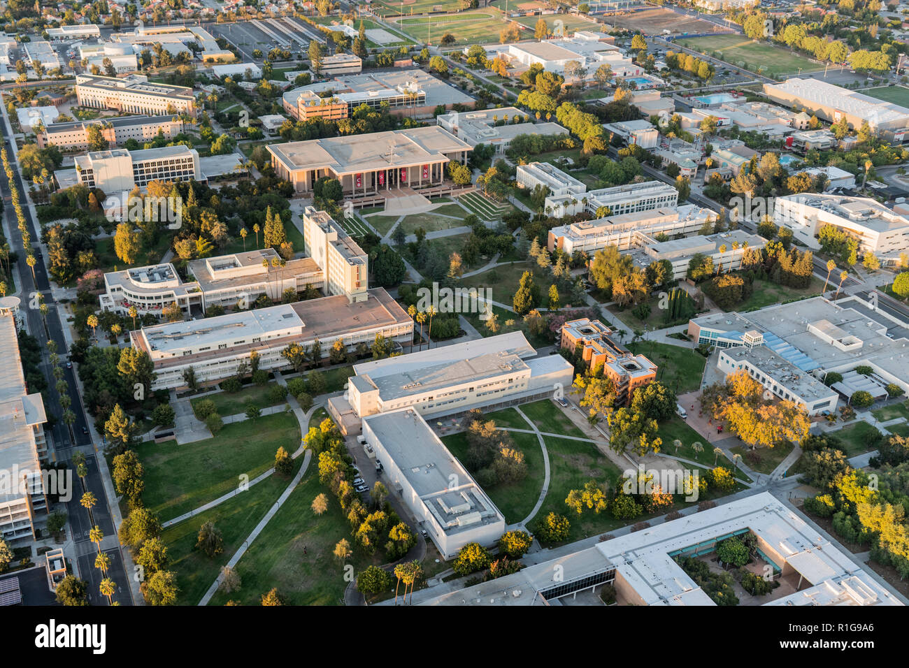Los Angeles, California, USA - October 21, 2018:  Late afternoon aerial view of California State University Northridge central campus buildings in the Stock Photo