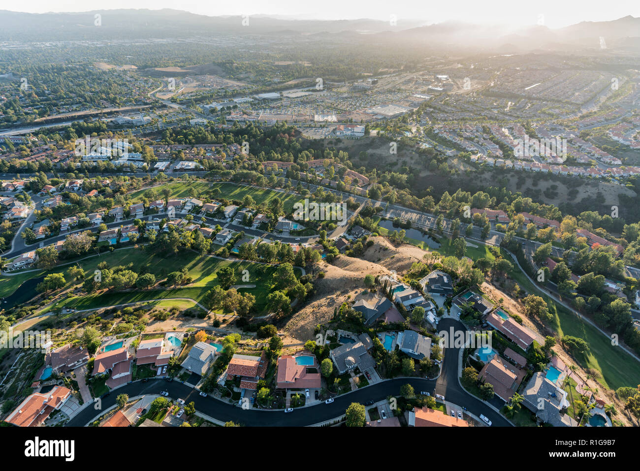Aerial view of streets, homes and parks in the Porter Ranch area of Los Angeles, California