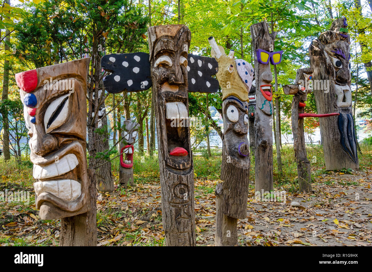 Old tree stumps carved into faces bearing different expressions on Nami Island in South Korea. Stock Photo