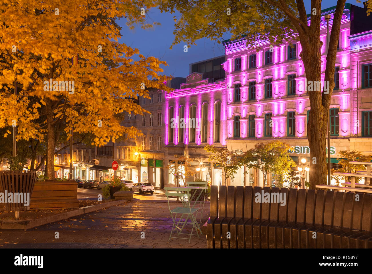 Côte de la Fabrique and Place de l'Hôtel de Ville at dusk in Old Québec City, Québec, Canada. Stock Photo