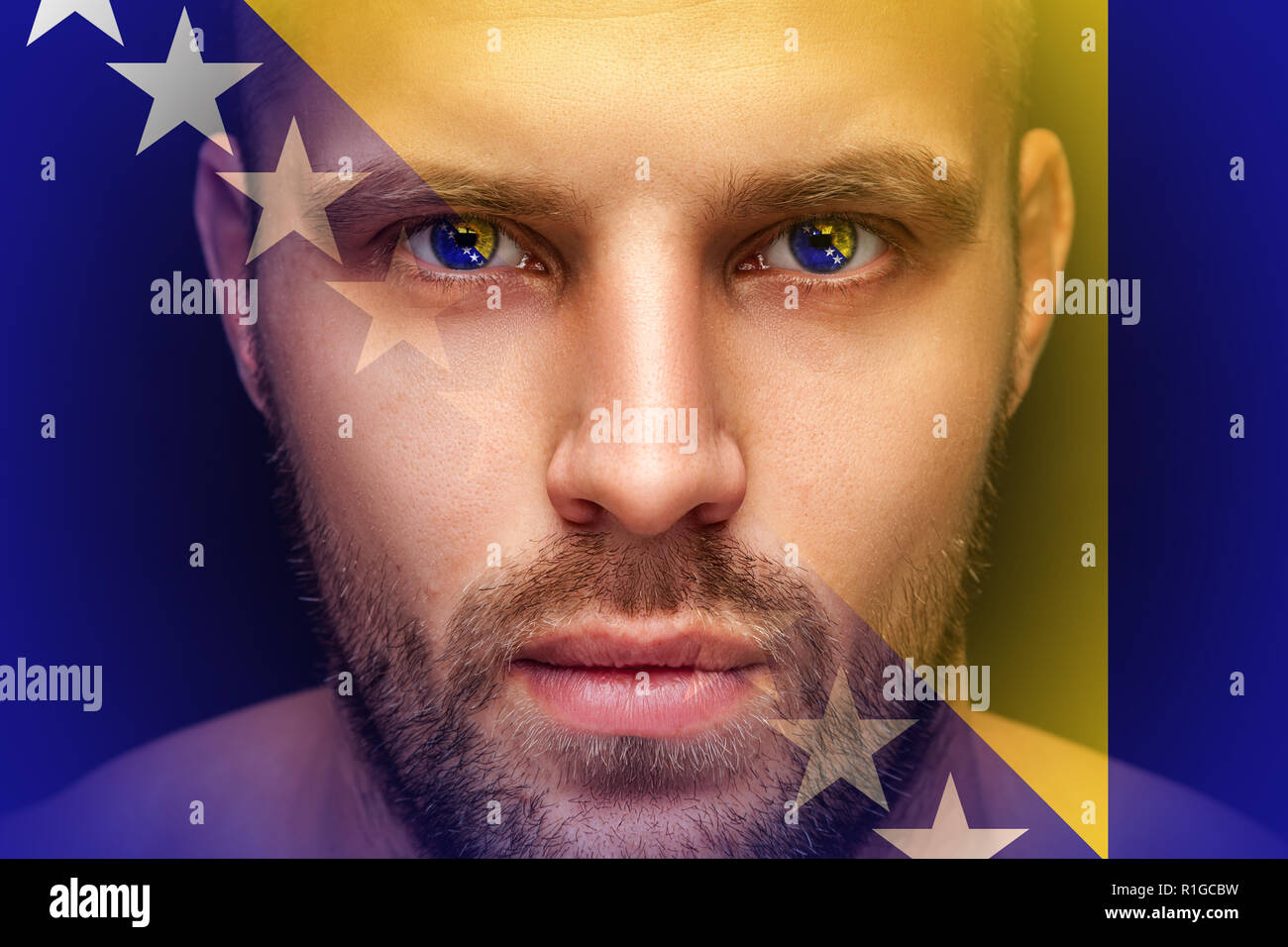 Bosnia national flag against beautiful blue and yellow sky Stock Photo ...