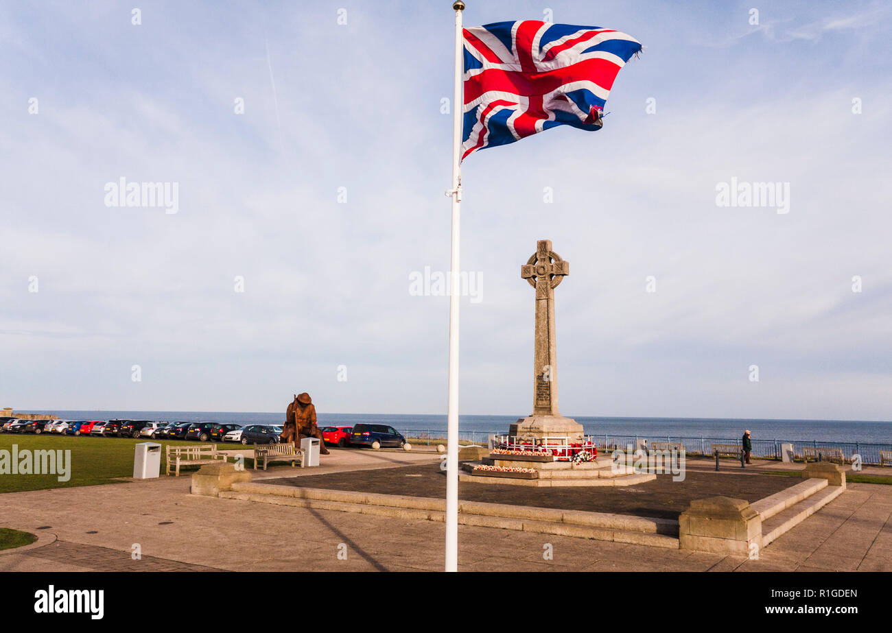 The war memorial,Union Jack flag and Tommy statue at Seaham,Co.Durham,England,UK Stock Photo