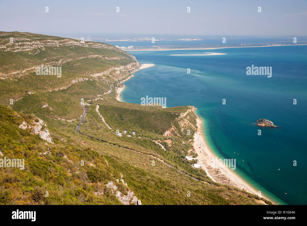 View over Portinho da Arrabida with Praia do Creiro and Galapos and Figueirinha beach Stock Photo