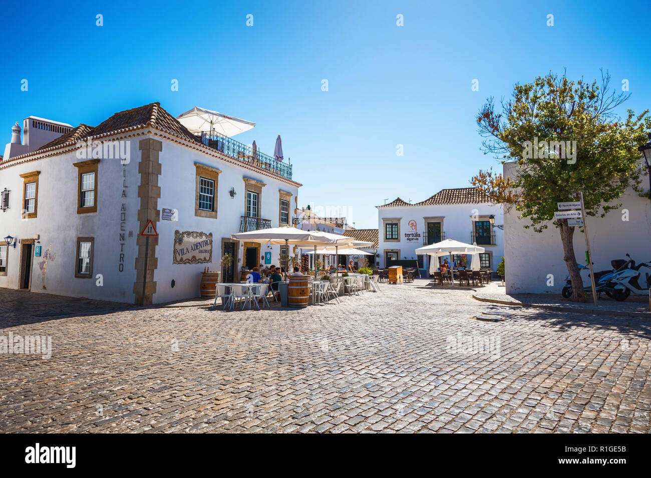 Restaurant Terraces of Dom Afonso III Square, Faro City, Algarve Region, Portugal Stock Photo