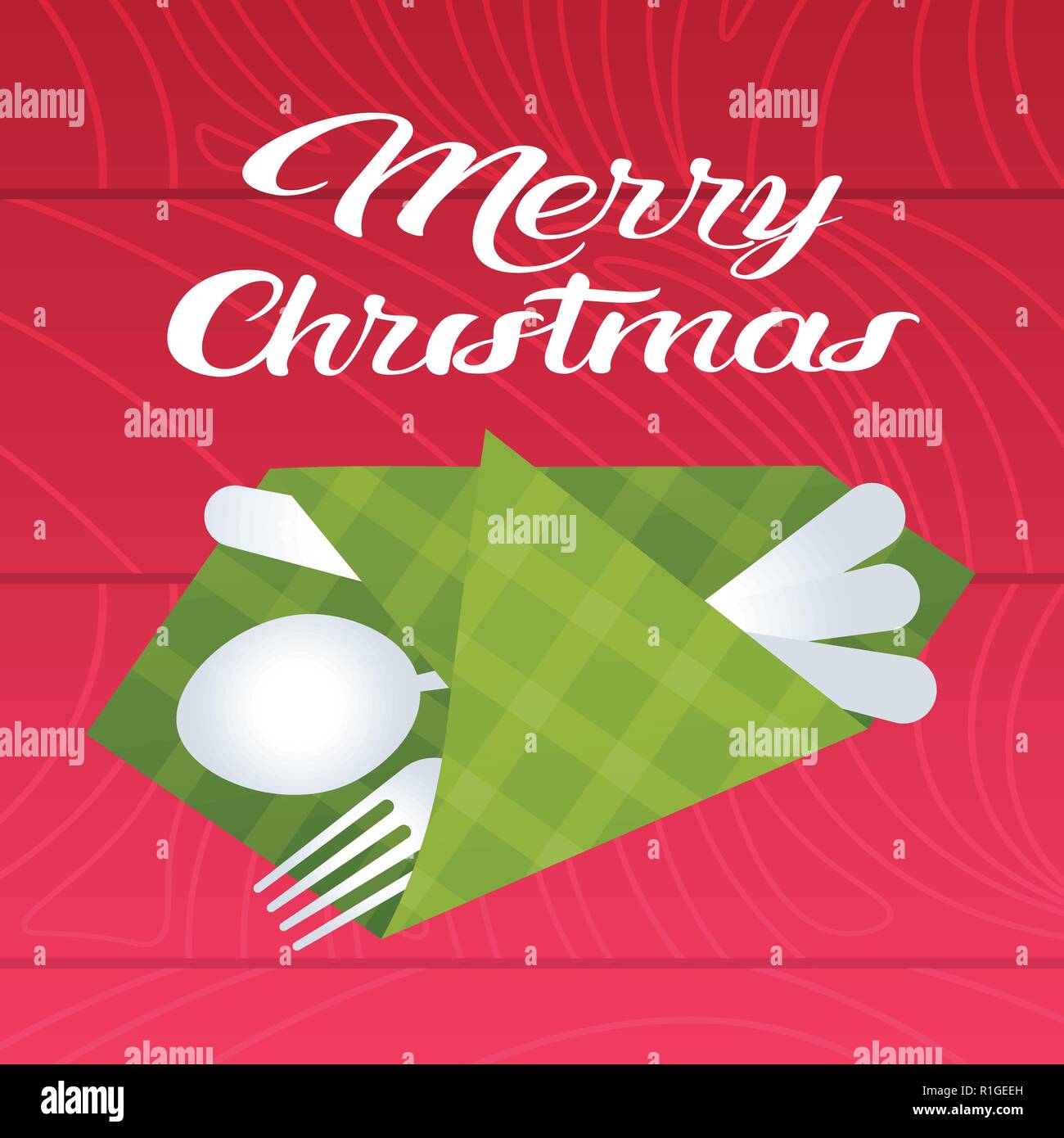 merry christmas table setting with spoon fork knife wrapped in napkin holiday decoration concept flat Stock Vector