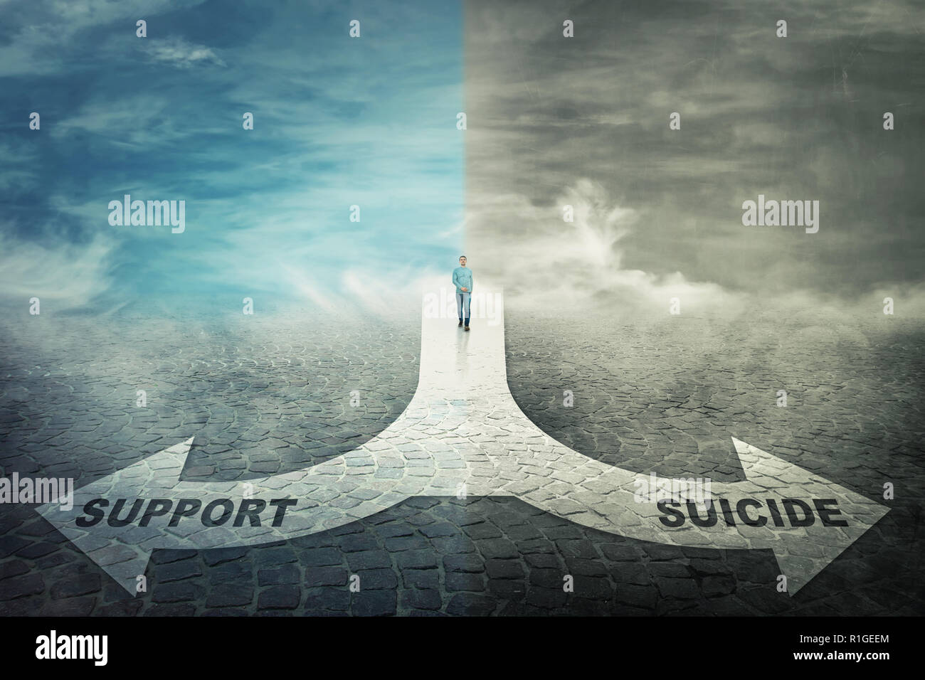 Man walk in front of a crossroad splitted in two different ways as arrows  to suicide or support. Choosing correct pathway. Severe depression concept  Stock Photo - Alamy
