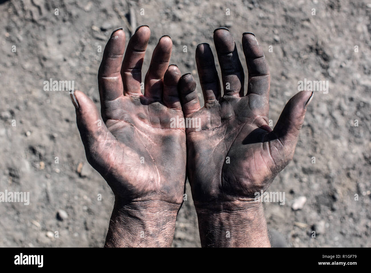 Worker Man with Dirty Hands. Charcoal-burners worker man with dirty hands. Stock Photo