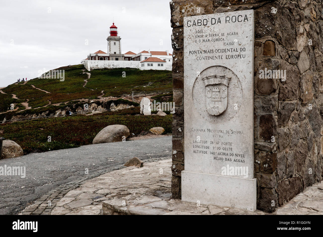 Cabo da Roca is a cape which forms the westernmost extent of mainland Portugal and continental Europe. The cape is in the Portuguese municipality of S Stock Photo