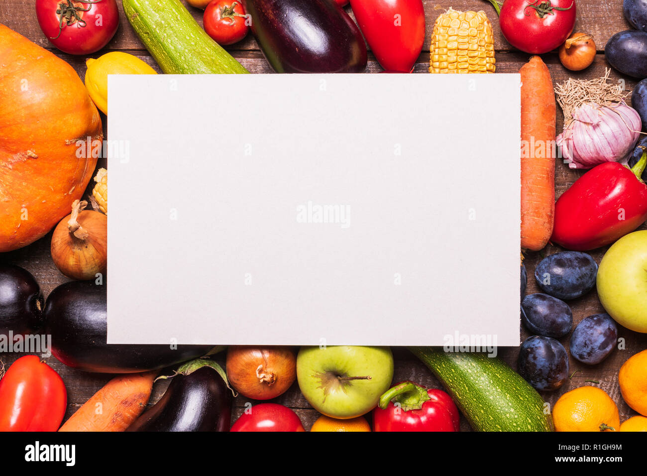 Download Food Concept Mockup Flat Lay View Of Layout Made Of Various Vegetables And Fruits And White Paper Card For Text Stock Photo Alamy