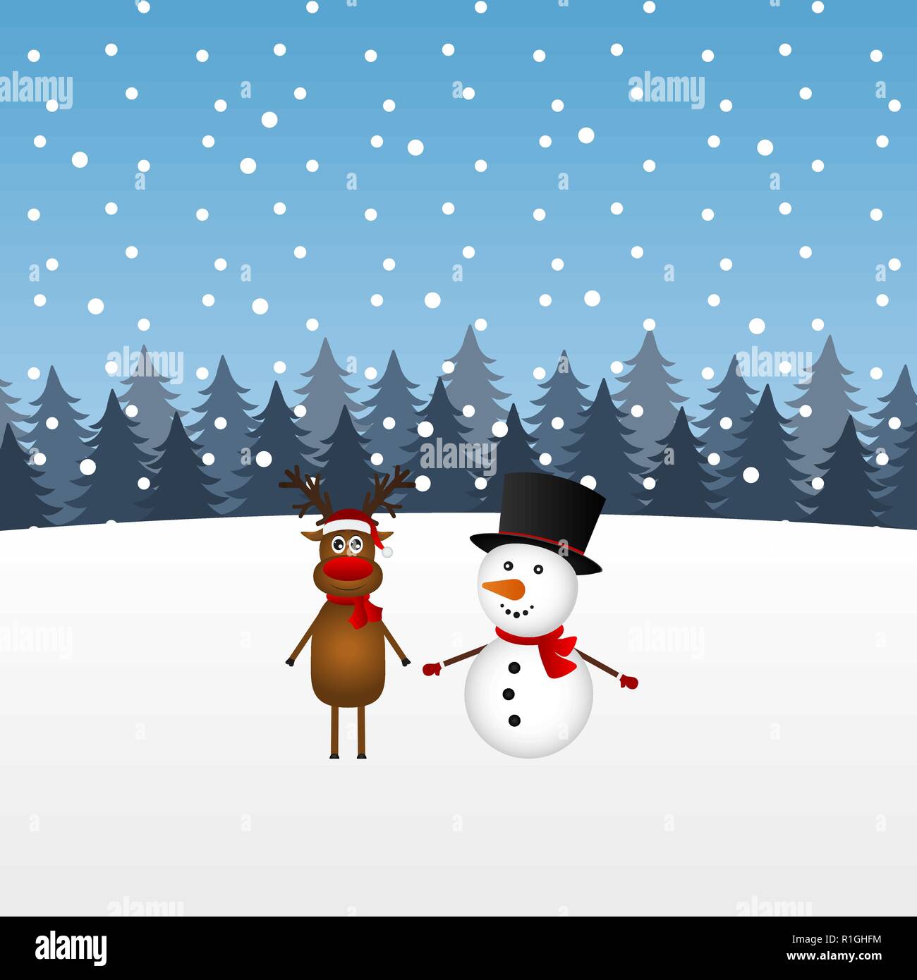 Christmas reindeer and snowman in the forest Stock Vector
