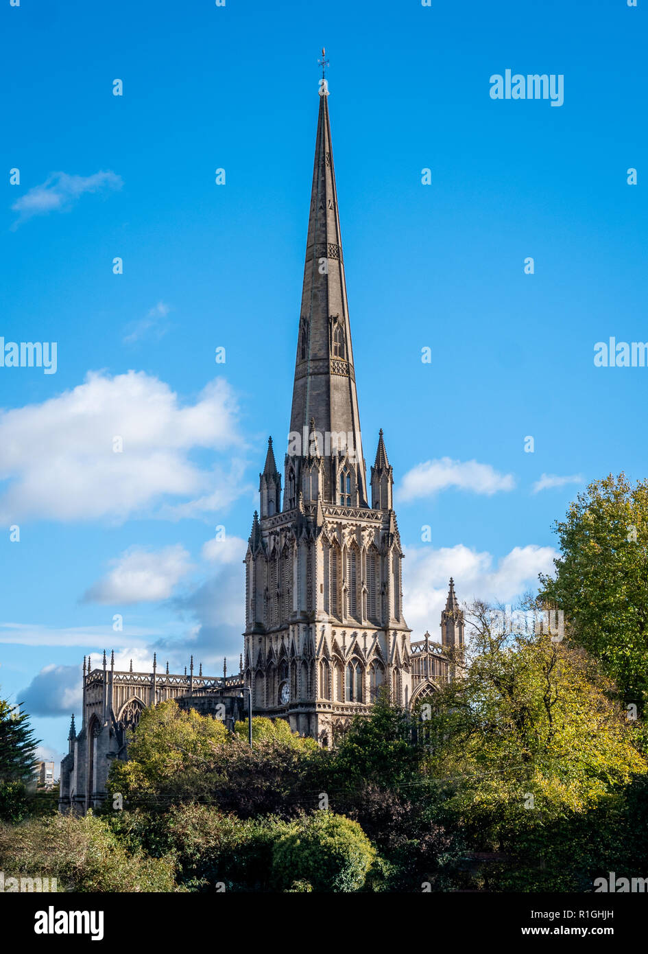 The soaring spire of St Mary Redcliffe in Bristol UK a medieval church visible for miles around Stock Photo