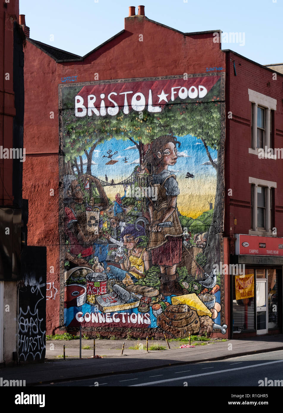 Three storey street art work in Hotwells Bristol UK celebrating Bristol Food Connections organisation - by street artist Silent Hobo Stock Photo