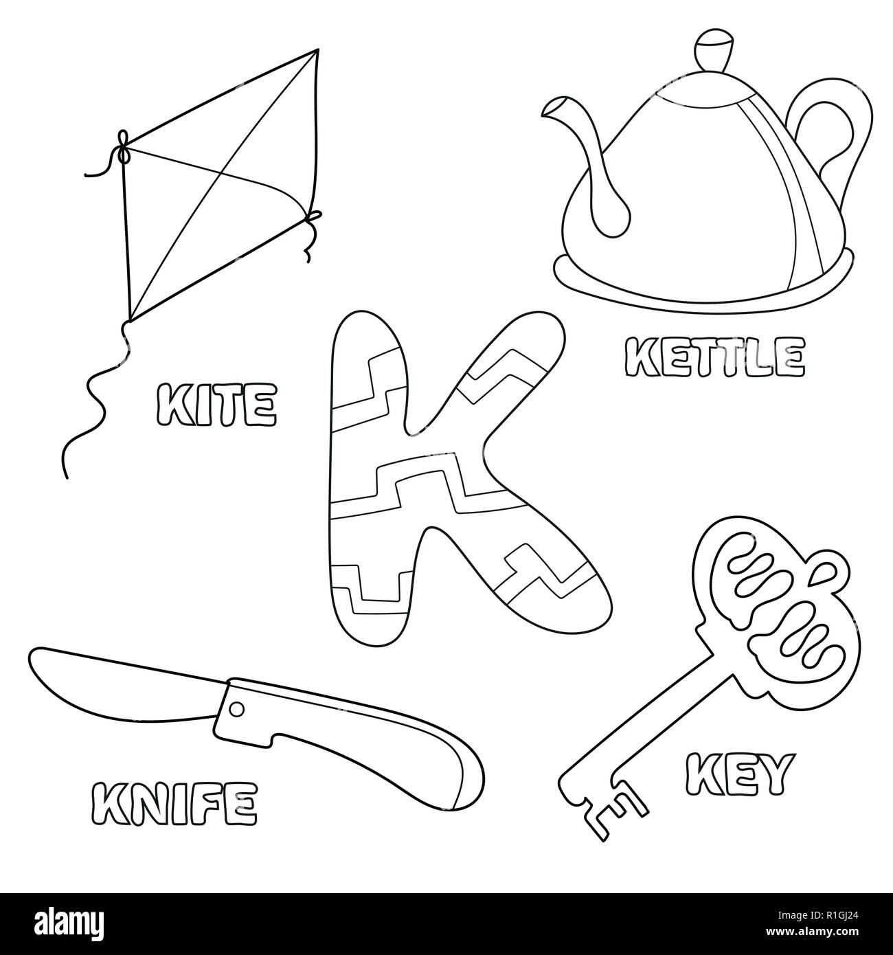 Kids alphabet coloring book page with outlined clip arts. Letter K