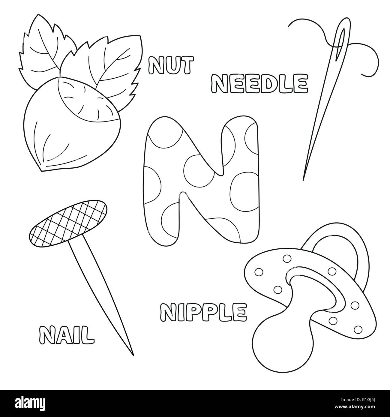 Letter N. English alphabet. Education for children. Coloring book Stock Vector