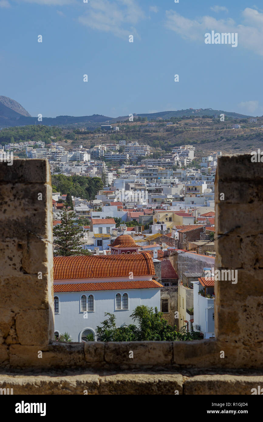 View over the old town of Rethimno from hilltop fortress. Rethimno, Crete Island. Stock Photo