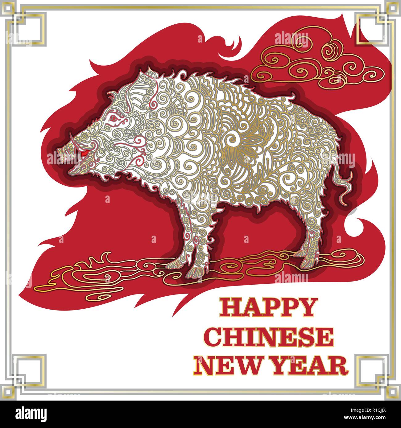 Chinese New Year 2019. Zodiac Pig. Happy New Year card, pattern. Vector illustration. Chinese traditional Design, golden decoration. Stock Vector