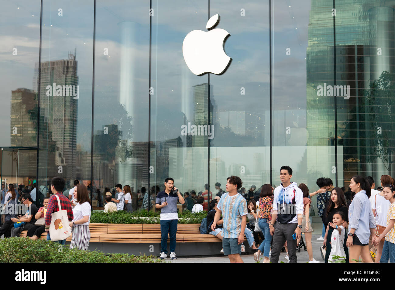 Bangkok, Thailand - November 10, 2018: People visiting the first Apple store in Thailand at Iconsiam shopping mall. Stock Photo