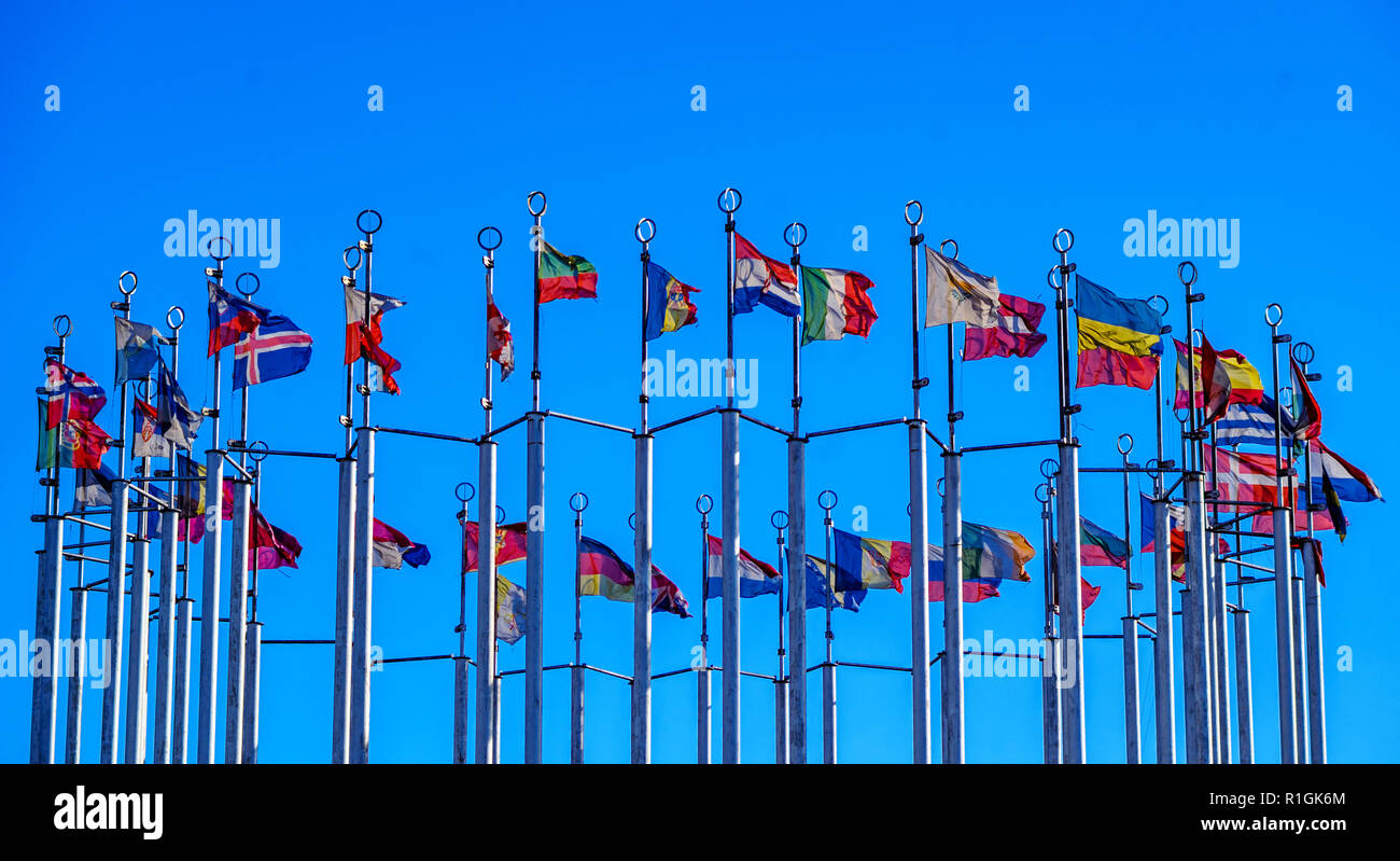 Flags of European countries on flagpoles against the blue sky Stock ...