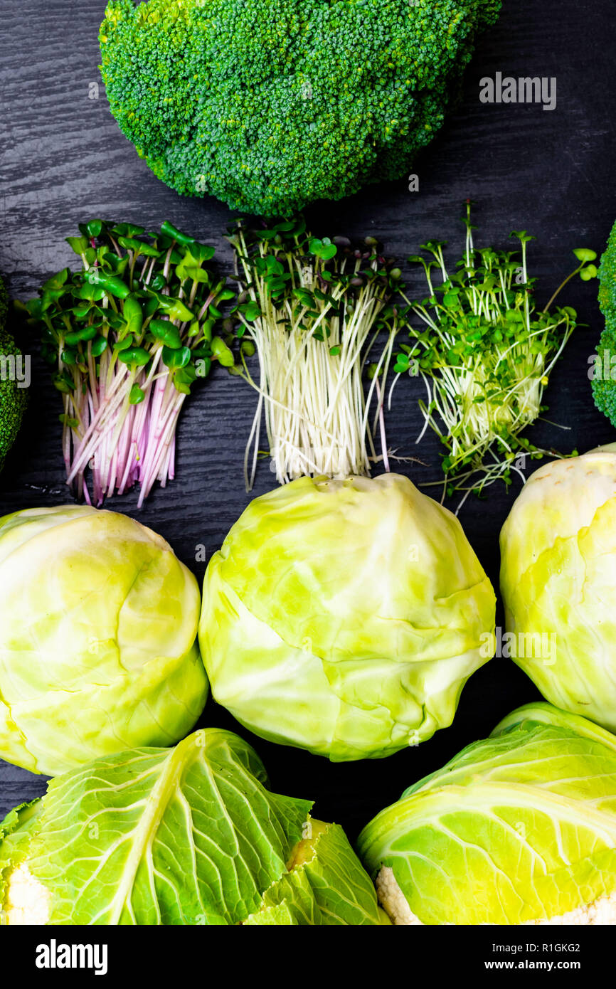 white cabbage, cauliflower, broccoli, greens radish, cress salad