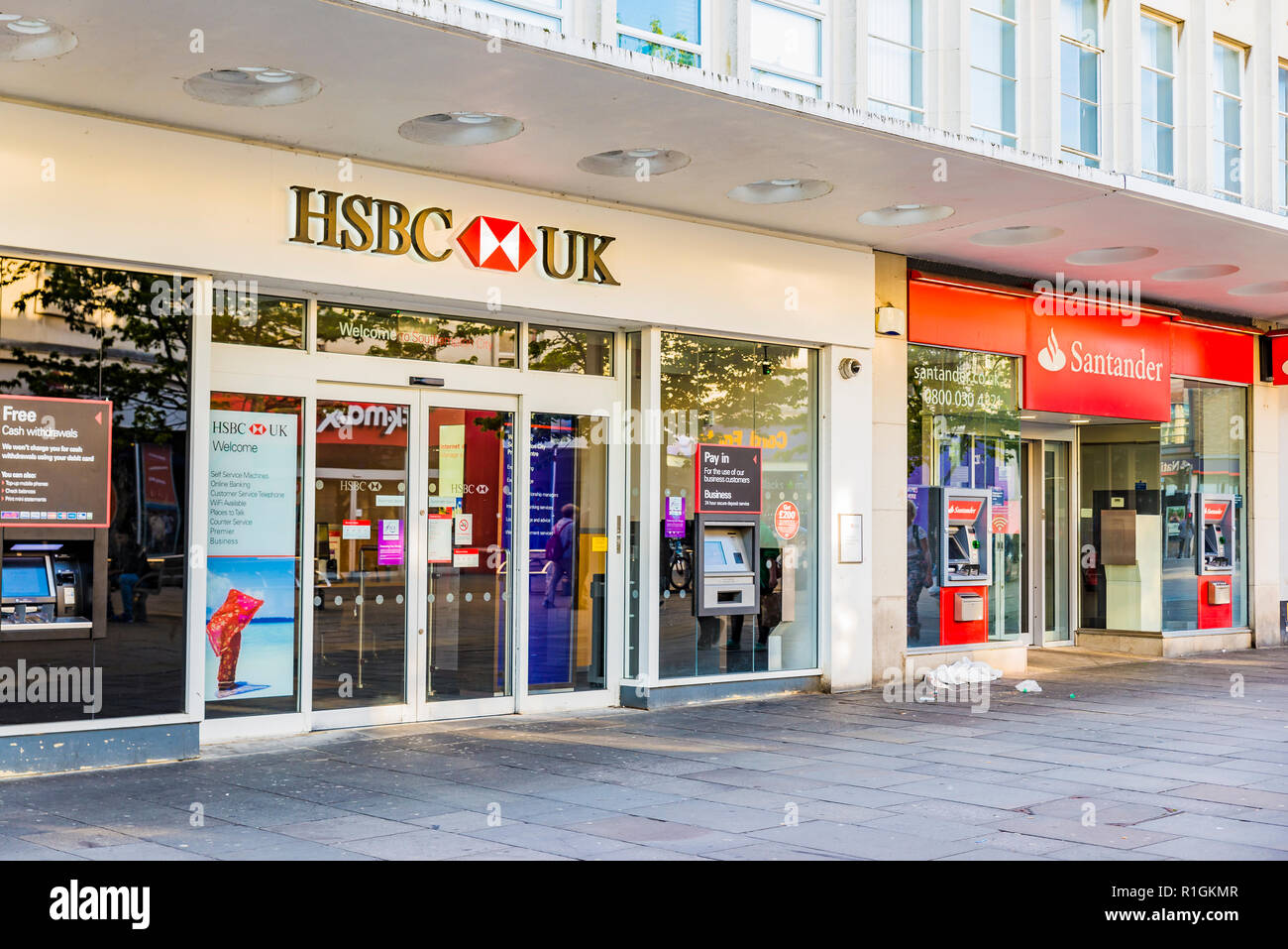HSBC bank branch next to Santander bank branch. Southampton, Hampshire, England, United Kingdom, UK, Europe Stock Photo