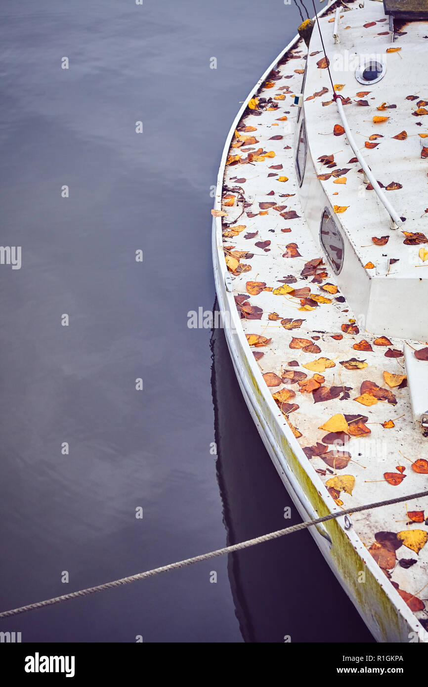 Old yacht covered with autumnal leaves, color toned picture. Stock Photo