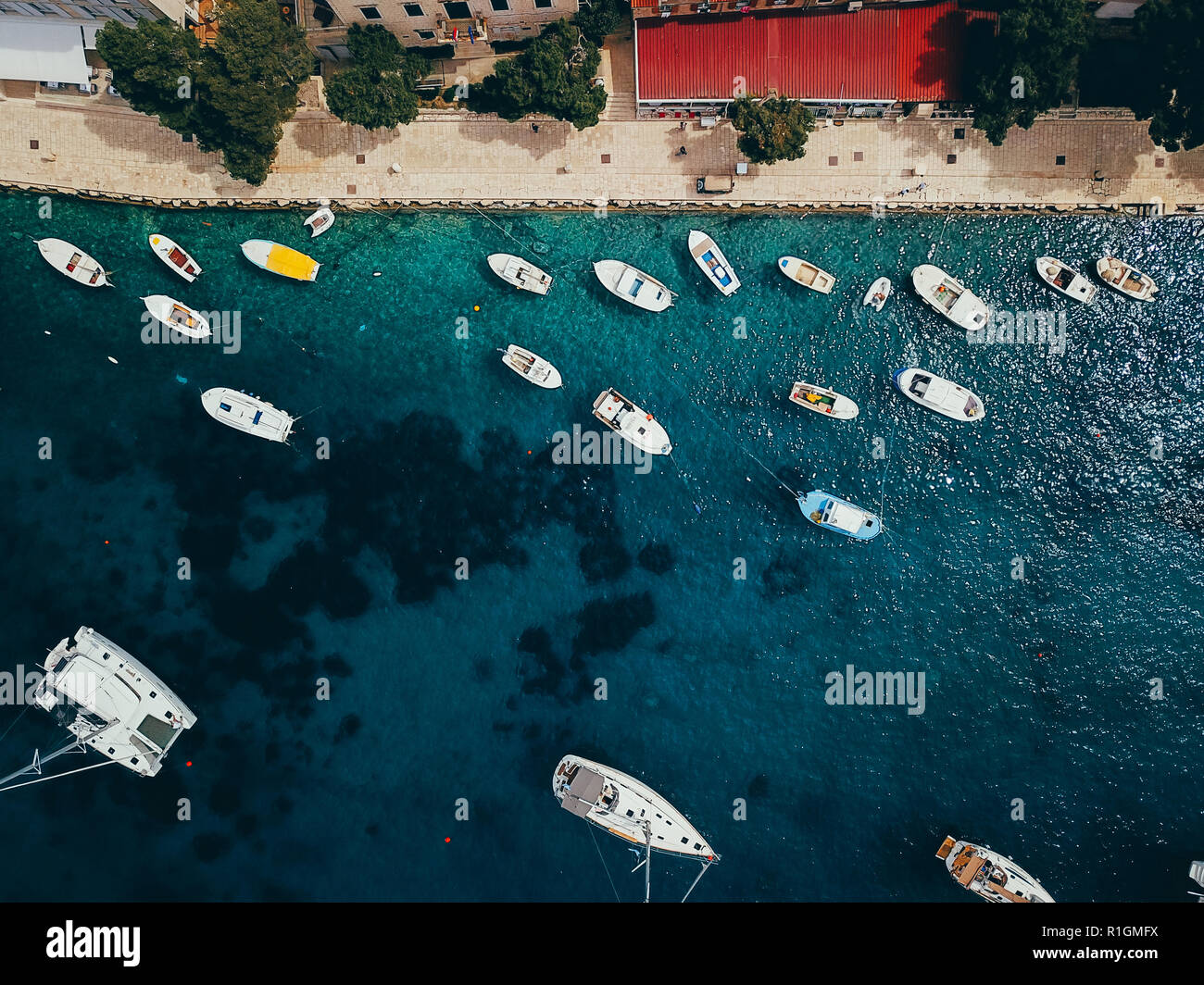 Aerial view photo of picturesque port with sailboats and yachts Stock ...