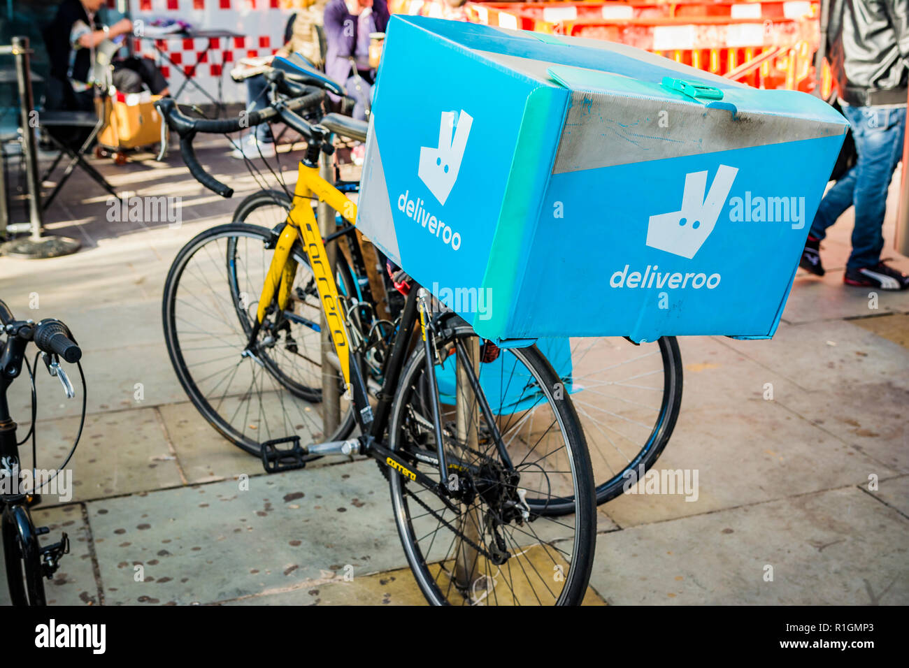 Deliveroo Food Delivery Bikes. London, England, United Kingdom. Stock Photo