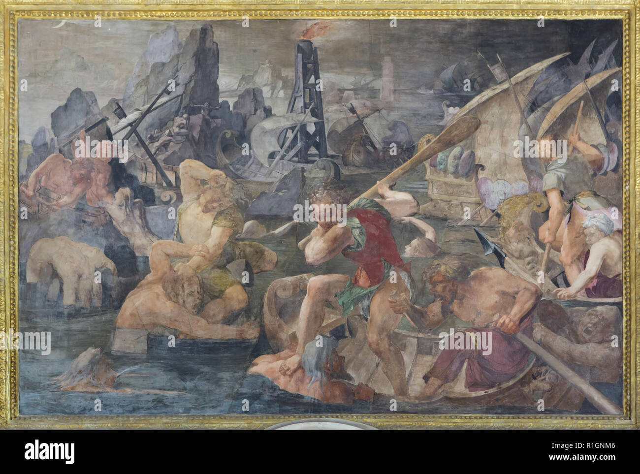 Revenge of Nauplius. Fresco by Italian Mannerist painter Rosso Fiorentino (1535-1537) in the Gallery of Francis I in the Palace of Fontainebleau (Château de Fontainebleau) near Paris, France. Stock Photo