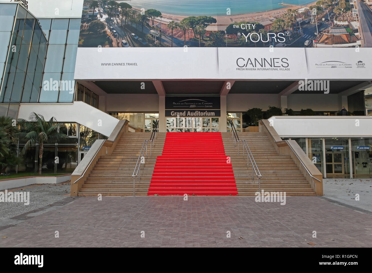 Cannes, France - January 20, 2012: Grand Auditorium Cannes Red Carpet Stairway at Palais des Festivals et des Congres in Cannes, France. Stock Photo