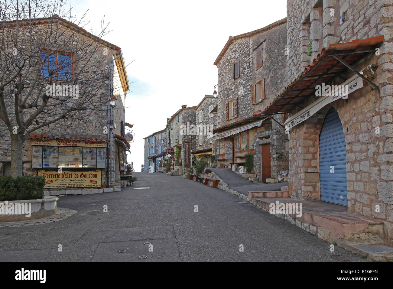 Gourdon, France January 20, 2012 Main Street With Stone Houses in