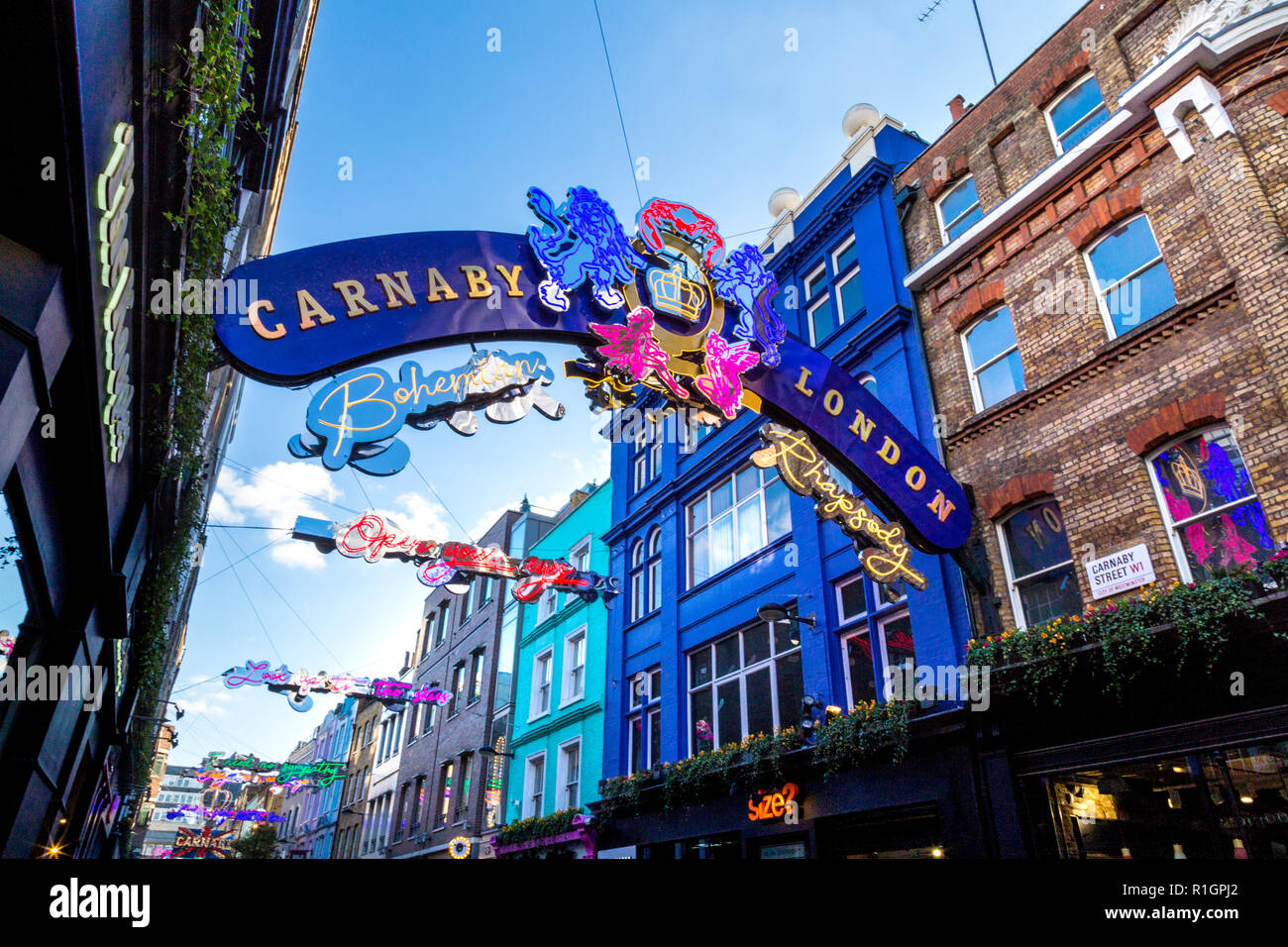 November 2018 - Carnaby Street Bohemian Rhapsody lights, in collaboration with 20th Century Fox's film release, London, UK Stock Photo