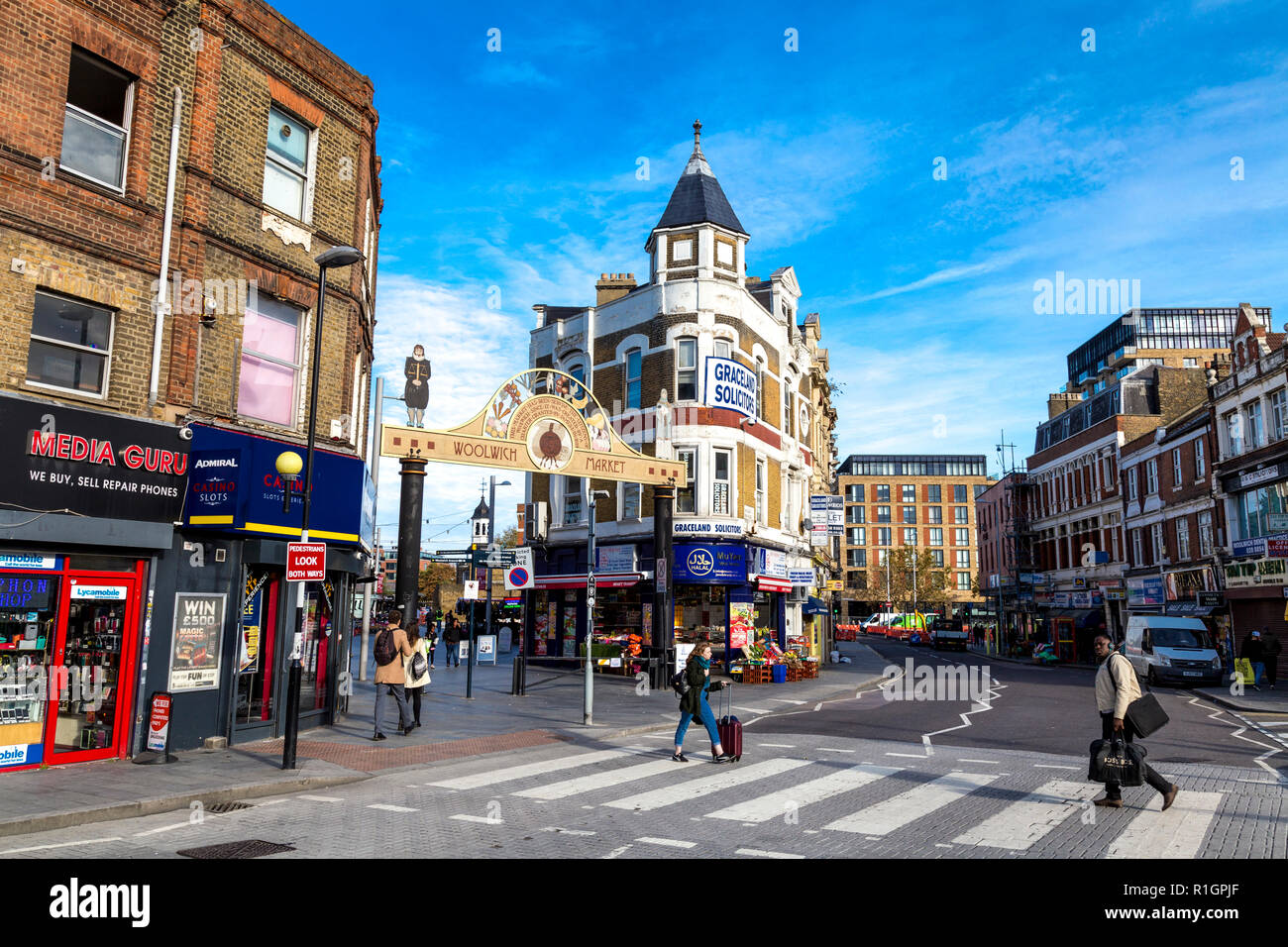 View of Woolwich New Road and sign for Woolwich Market, London, UK ...