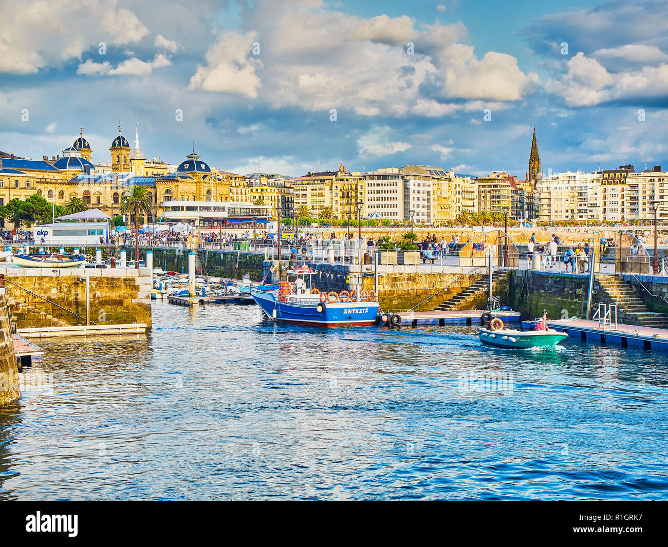 The port of San Sebastian with the Historical Quarter, kwon as Parte Vieja, in the background at sunny day. Donostia. Spain. Stock Photo