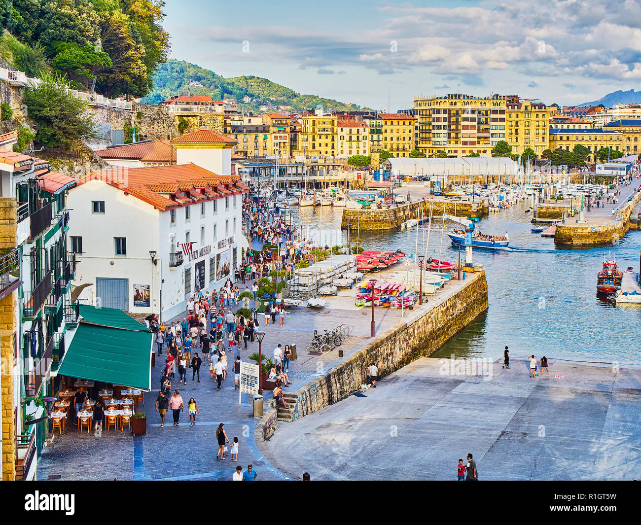 The port of San Sebastian with the Historical Quarter, kwon as Parte Vieja, in the background at sunny day. Donostia, Basque Country, Guipuzcoa. Spain. Stock Photo