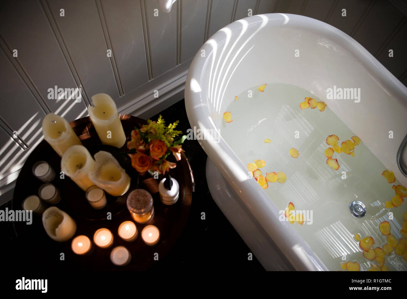 Rose petals scattered in a bath tub filled with water and surrounded by