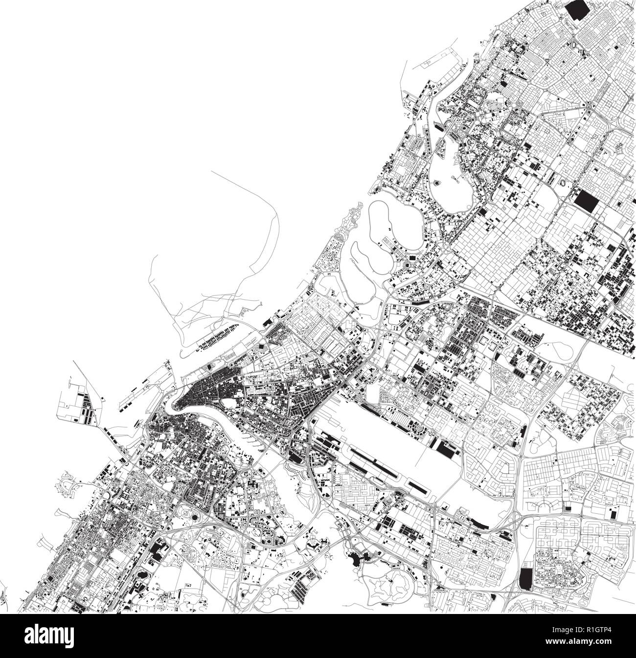 Satellite map of Dubai, United Arab Emirates, city streets. Street map and map of the city center Stock Vector