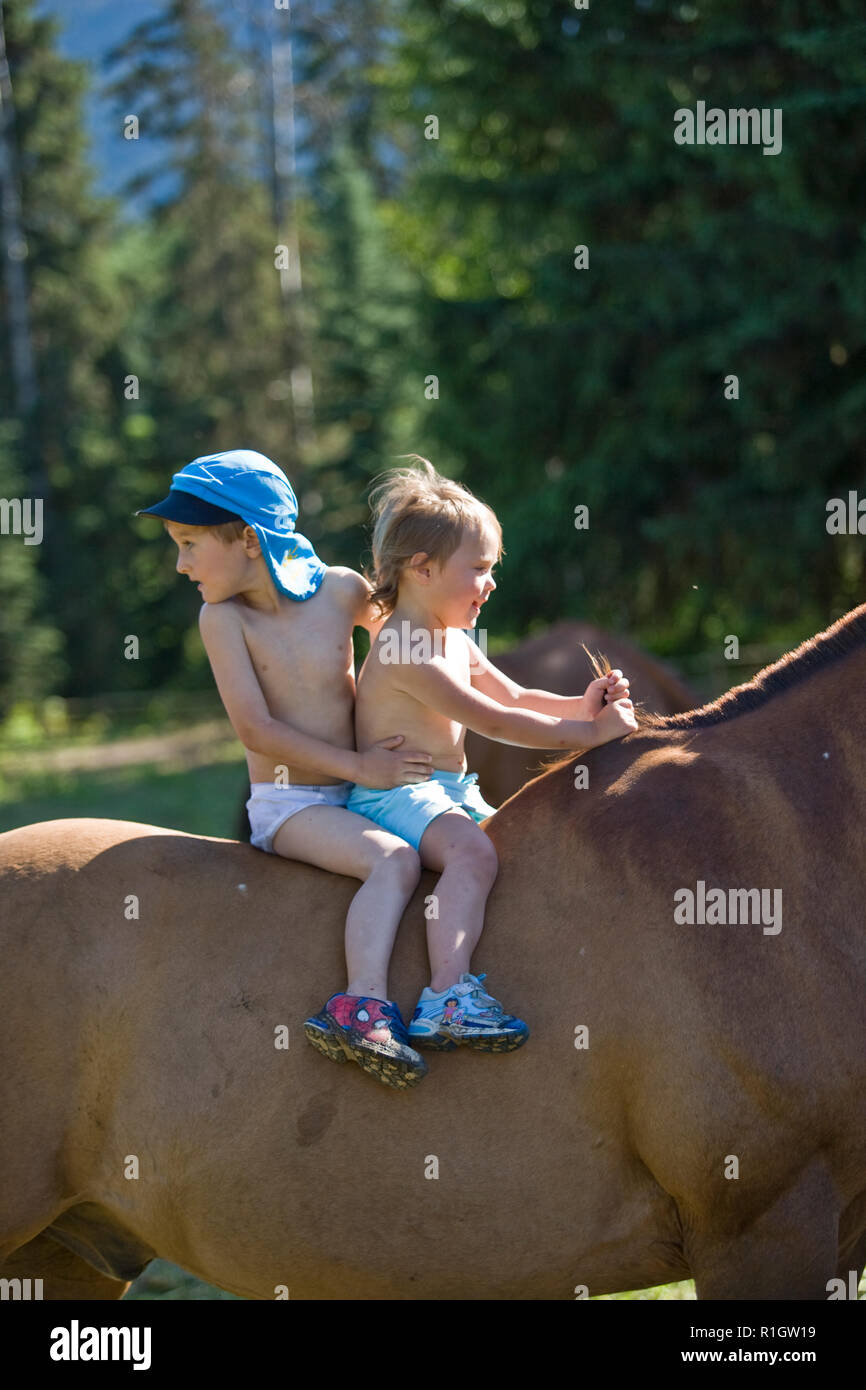 Little boy and girl sitting on the back of a horse Stock Photo