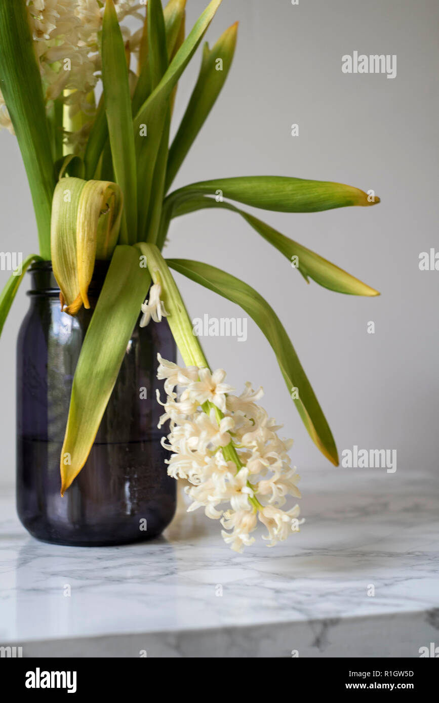 Low View of a Dying Floral Arrangement in a Blue Glass Vase Stock Photo