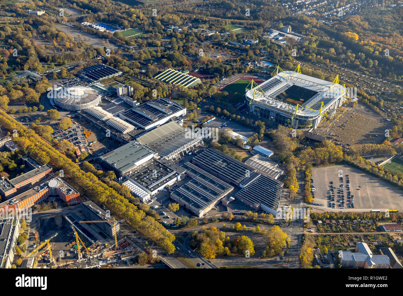 Aerial View, Westfalenhalle Dortmund, redesign Fair Dortmund, Dortmund, Ruhr, Nordrhein-Westfalen, Germany, DEU, Europe, aerial view, birds-eyes view, Stock Photo