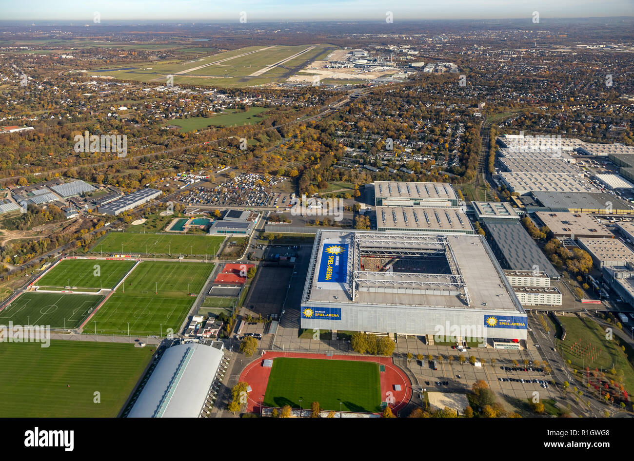 Aerial View, Merkur Gaming Arena Dusseldorf, at Dusseldorf, football  stadium, convention center at the fair Dusseldorf, Stockum, Dusseldorf,  Niederrhe Stock Photo - Alamy