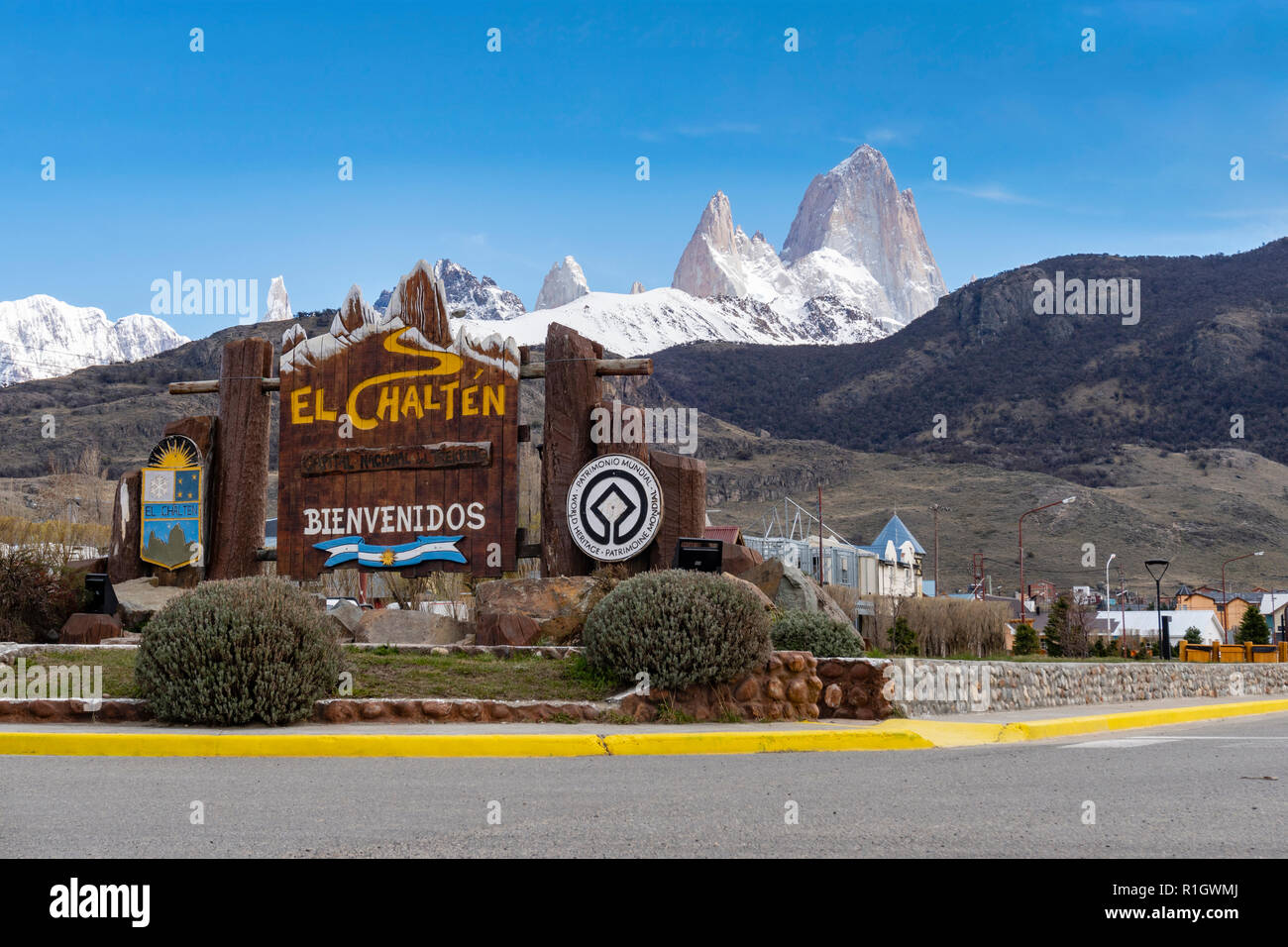 View of Monte Fitz Roy from the town El Chalten in Argentina Stock Photo