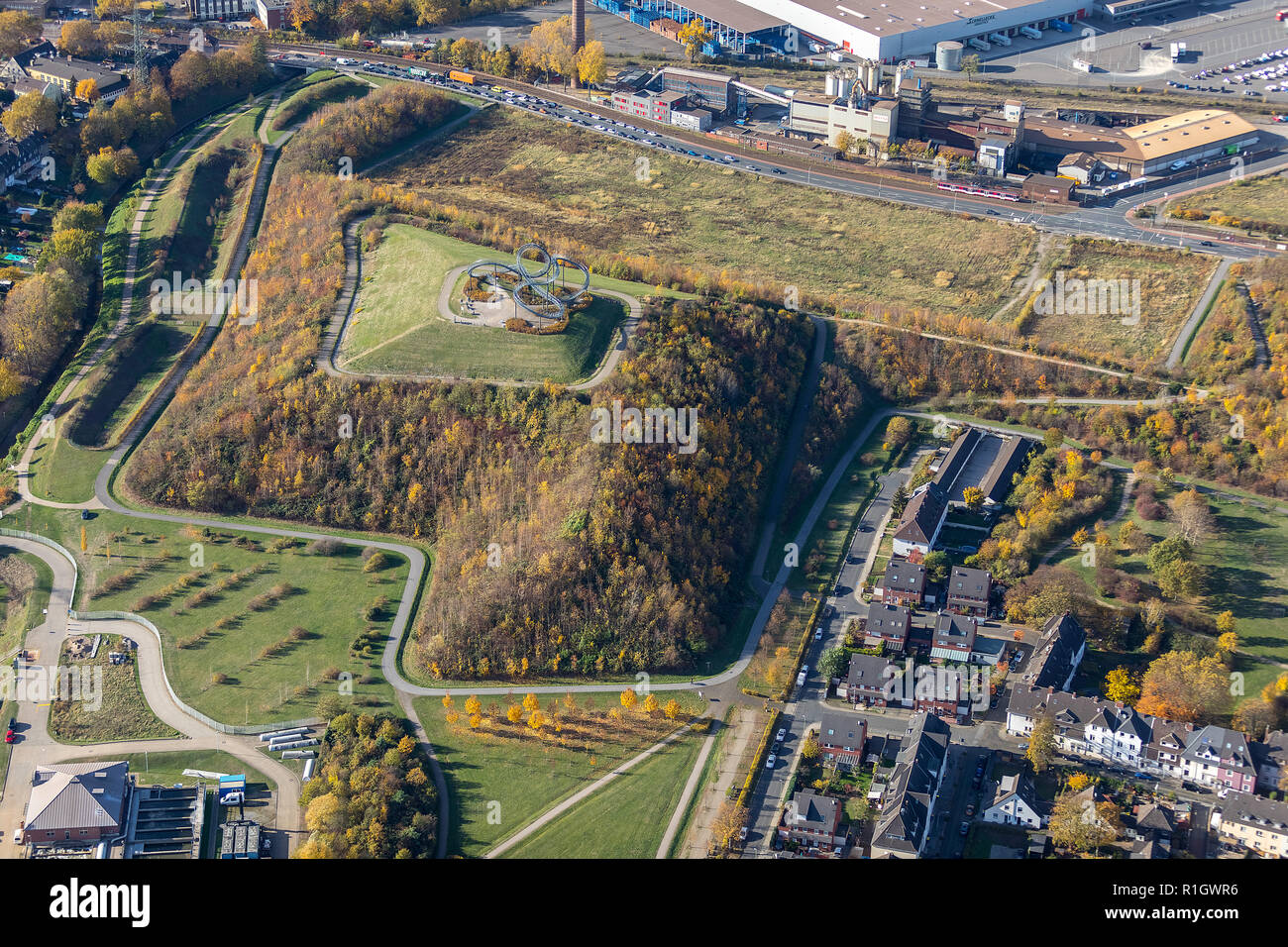 Aerial view, Tiger & Turtle - Magic Mountain, landmark, art installation, former dump depot, Angerhausen, Duisburg, Ruhr area, North Rhine-Westphalia, Stock Photo