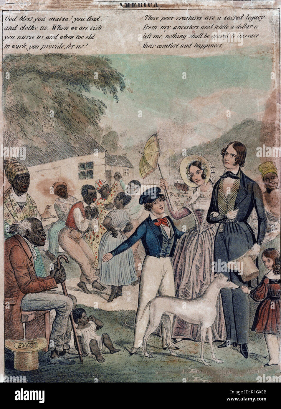 America, 1841 - Print shows an idealized portrayal of American slavery and the conditions of blacks under this system in 1841. The Library's impression of the print is a fragment--the left panel only--of a larger print entitled 'Black and White Slavery,' which contrasts the plight of Britain's abused 'white slaves' (actually factory workers, portrayed in the right panel) and America's 'contented' black slaves. Weitenkampf rightly suggests that prints like these were published by Northern apologists for slavery. The work of one such apologist, E. W. Clay, displays a consistent lack of sympathy  Stock Photo