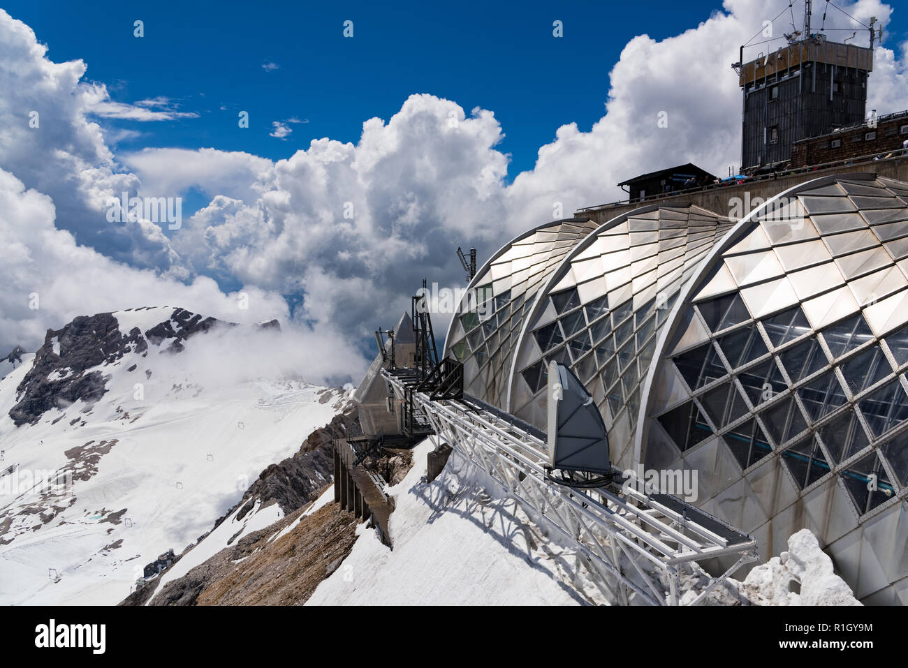 Part of the installations on Zugspitze, the highest mountain in the country, home to three glaciers and Germany's highest ski resort. Stock Photo