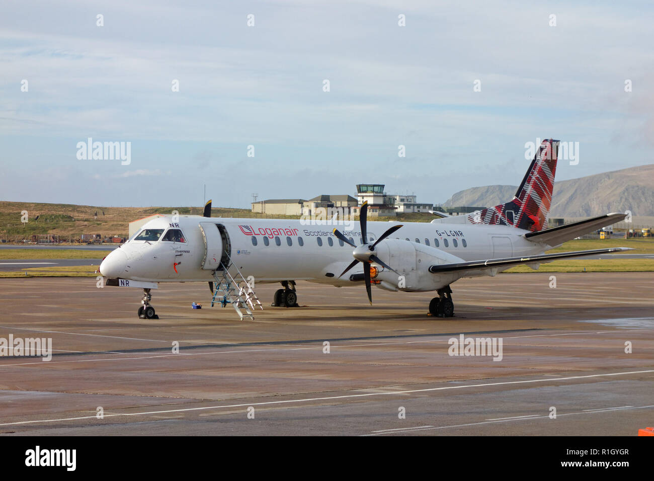 Logon Air SAAB 2000 aircraft awaiting departure from Sumburgh Airport, Shetland Islands, Scotland. Stock Photo