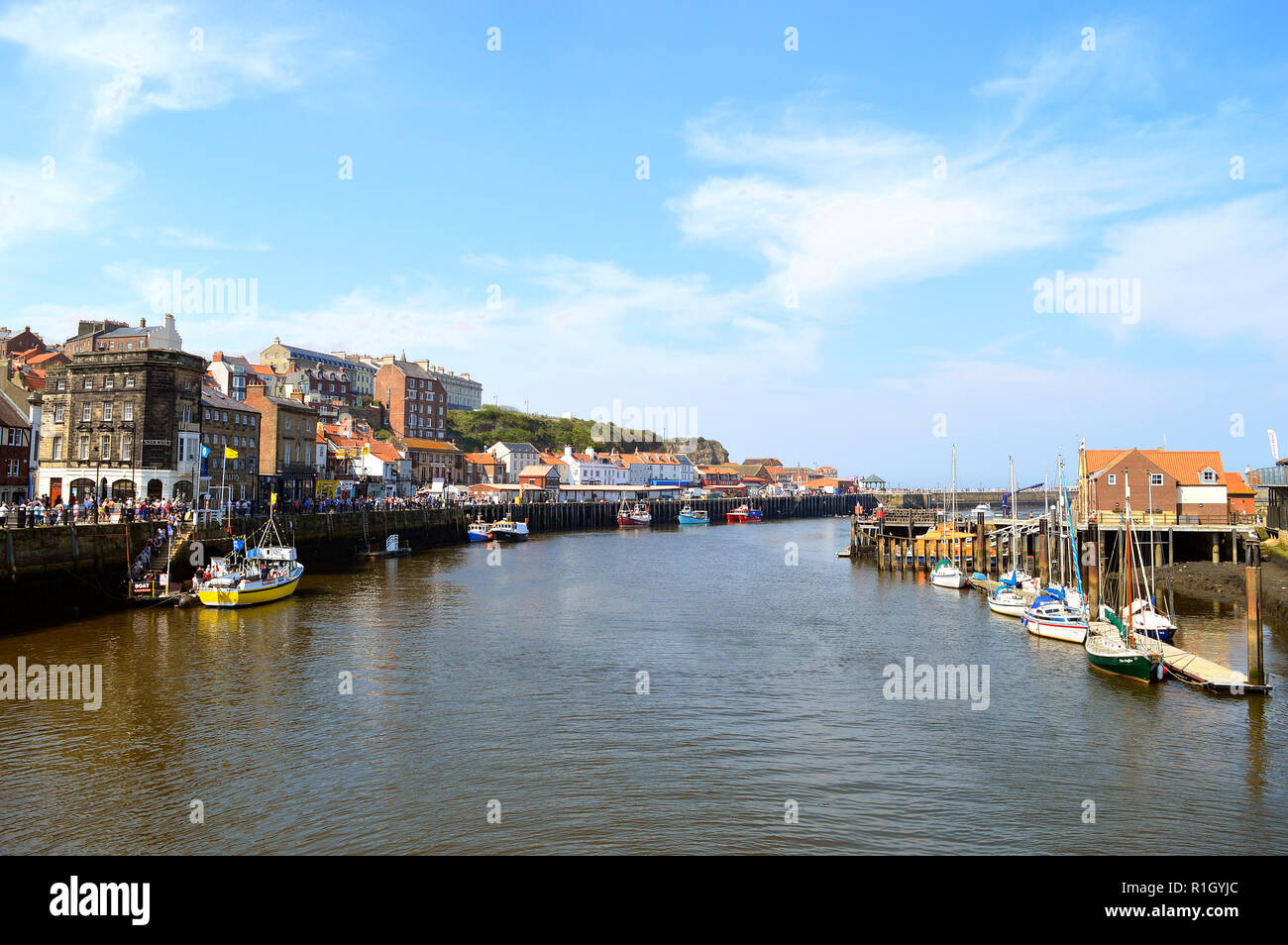 Yachts in Whitby Harbour a seaside town in North Yorkshire Stock Photo ...